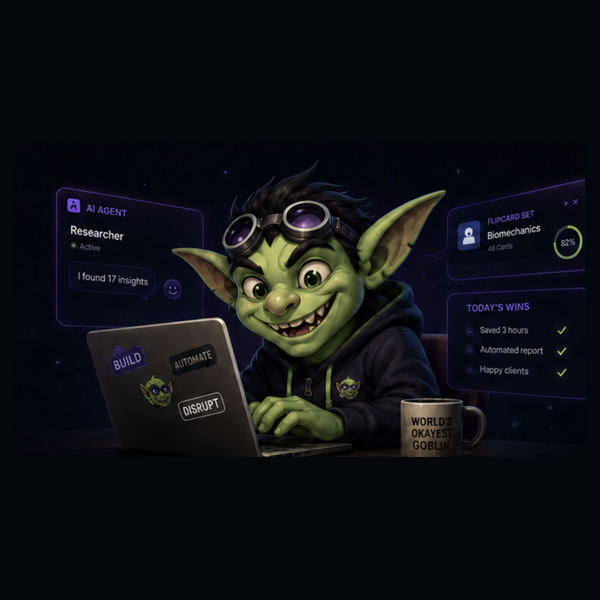A friendly goblin working at a laptop with AI agent panels floating around them